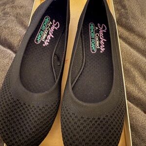 Skechers Black Knit Slip-On Ballet Flats with Memory Foam.